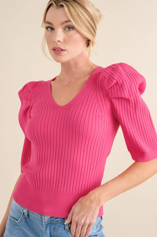 Puffed Half Sleeve Rib Basic Top