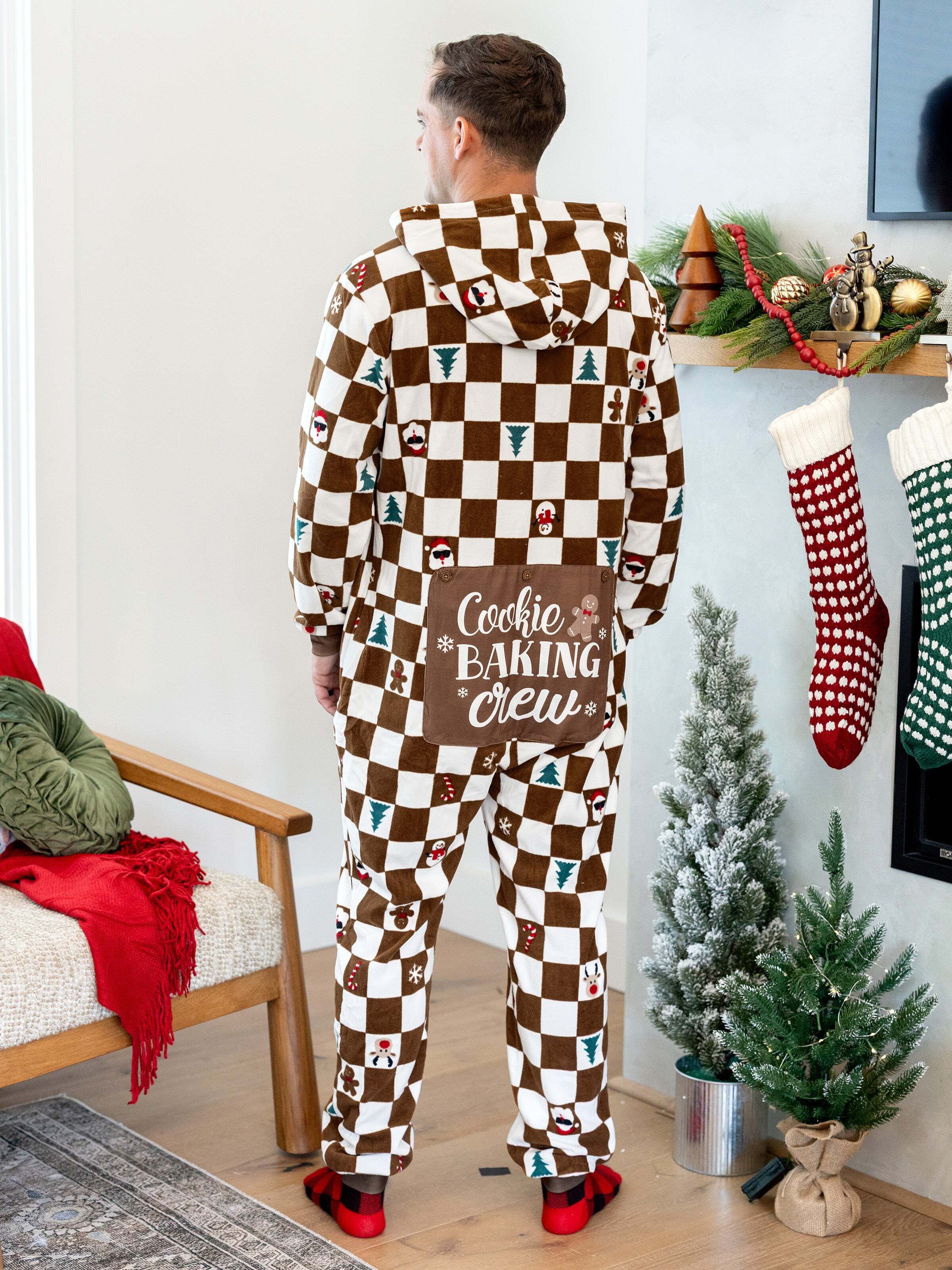 Christmas Onesies Matching Family Fleece Hoodie Pajamas Set Gingerbread Christmas-theme Plaid Print PJS with Christmas Socks Color block