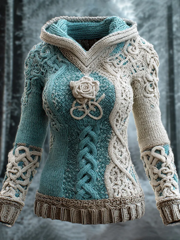 Viking Rose Knit Art Women's Hooded Sweater