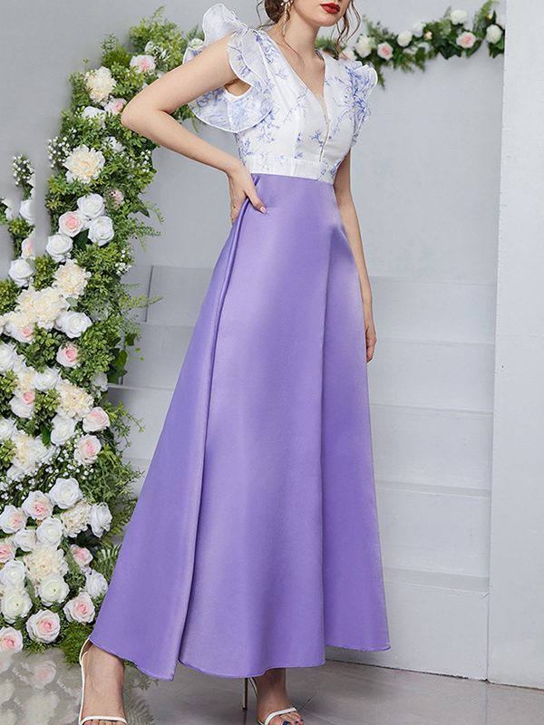 Printed Split-Joint High Waisted Petal Sleeves Deep V-Neck Maxi Dresses