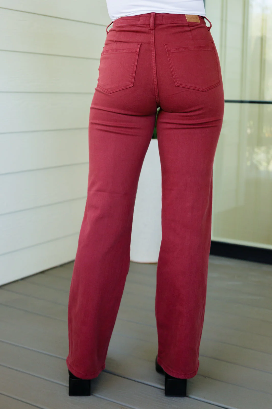 Blue Phoebe High Rise Front Seam Straight Jeans in Burgundy