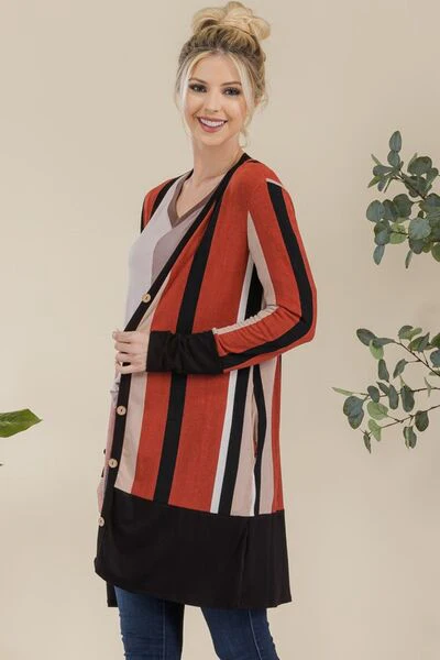 Celeste Full Size Striped Button Up Long Sleeve Cardigan