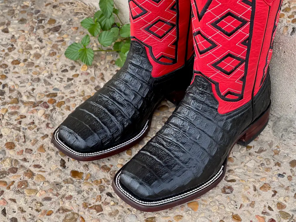 Men’s Black Crocodile Horn-Back Leather Boots With Red Shaft