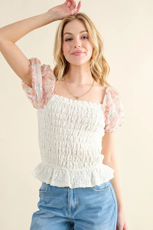 Embellishment Sleeve Smocked Top
