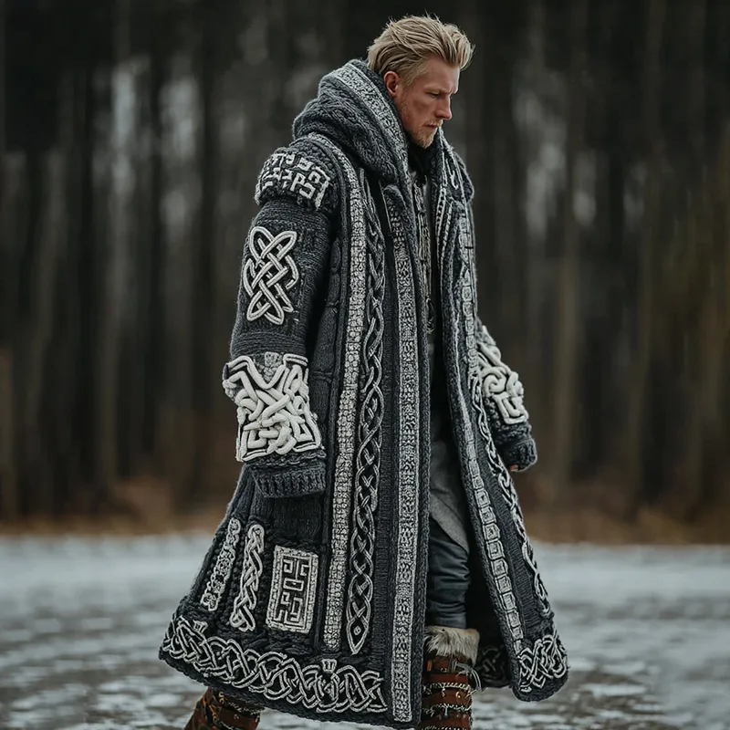 Men's Vintage Viking Celtic Knot Art Pattern Pocket Mid-length Hooded Cardigan Sweater
