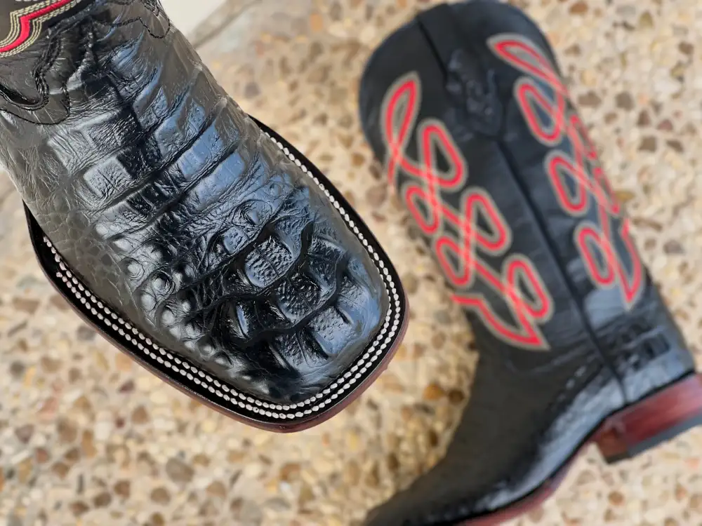 Men’s Black Crocodile Leather Boots With Black Shaft With Red Embroidery
