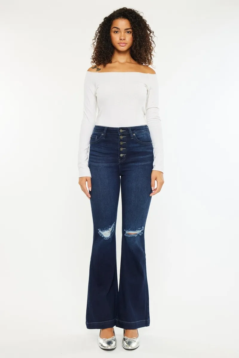 Button Fly High Rise Distressed Flare Jeans