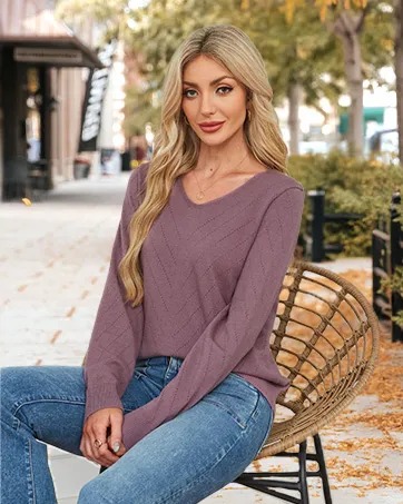 V-Neck Knit Sweater for Women - Apricot Basic Fitted Minimalist Crochet Details Breathable Lightweight Pullover Top