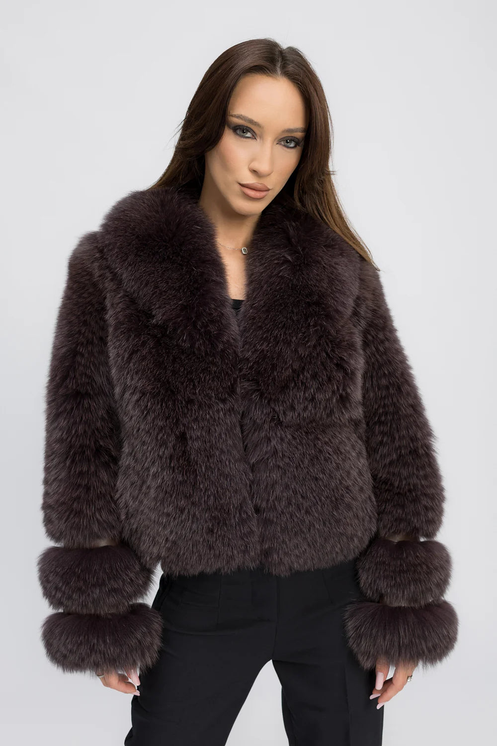 Haină din Blană Naturală de Vulpe Polară, cu Guler Rever, Femei, Cocoa Plum 472