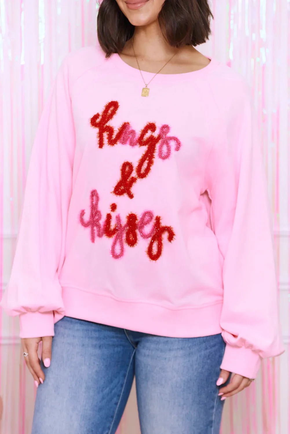 Hugs and Kisses Pop Up Embroidered Raglan Sleeve Sweatshirt