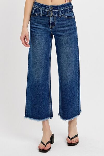 Raw Hem Wide Leg Attached Buckle Jeans