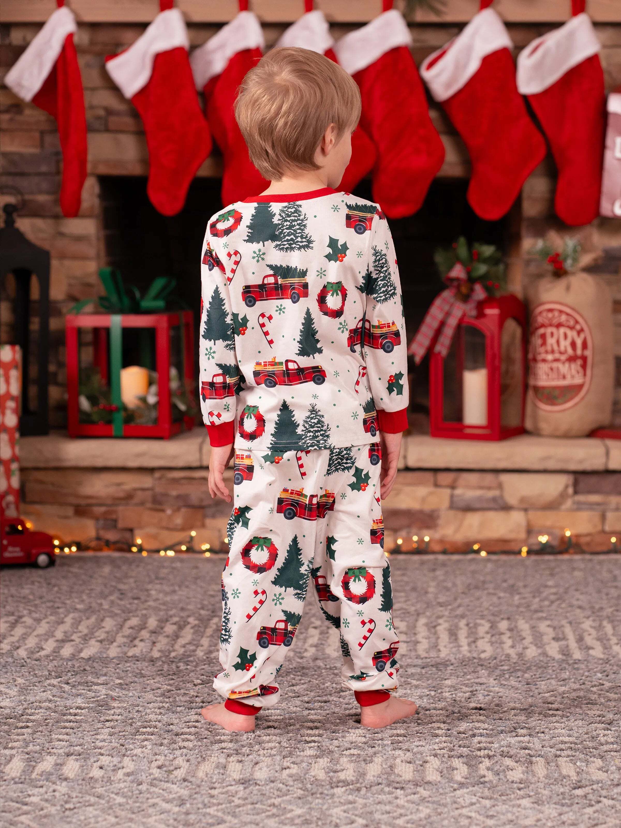 Christmas Family Matching Allover Xmas Tree & Car Print Long-sleeve Pajamas Sets with Christmas Socks Multi-color