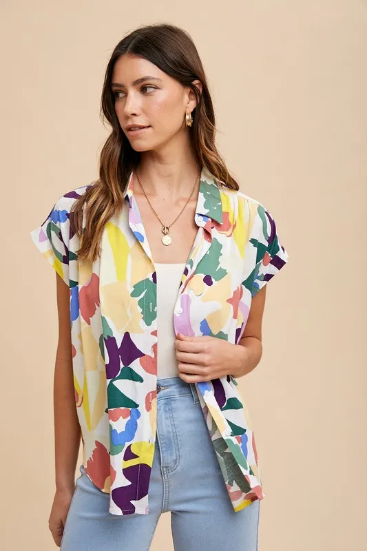 Wear Multi Color Button Down Pleated Shoulder Top