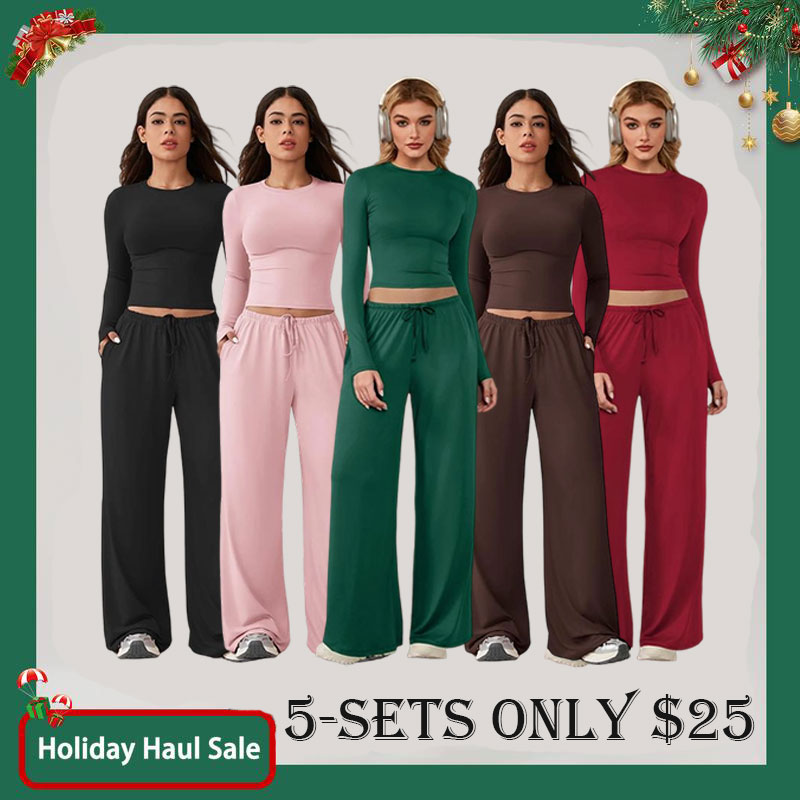 Women’s Long-Sleeve Crop Top & Wide-Leg Pants Activewear Set