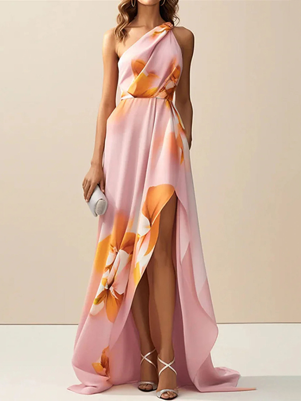 Flower Printed Off-The-Shoulder Asymmetric Split-Side Elegant Evening Maxi Dresses