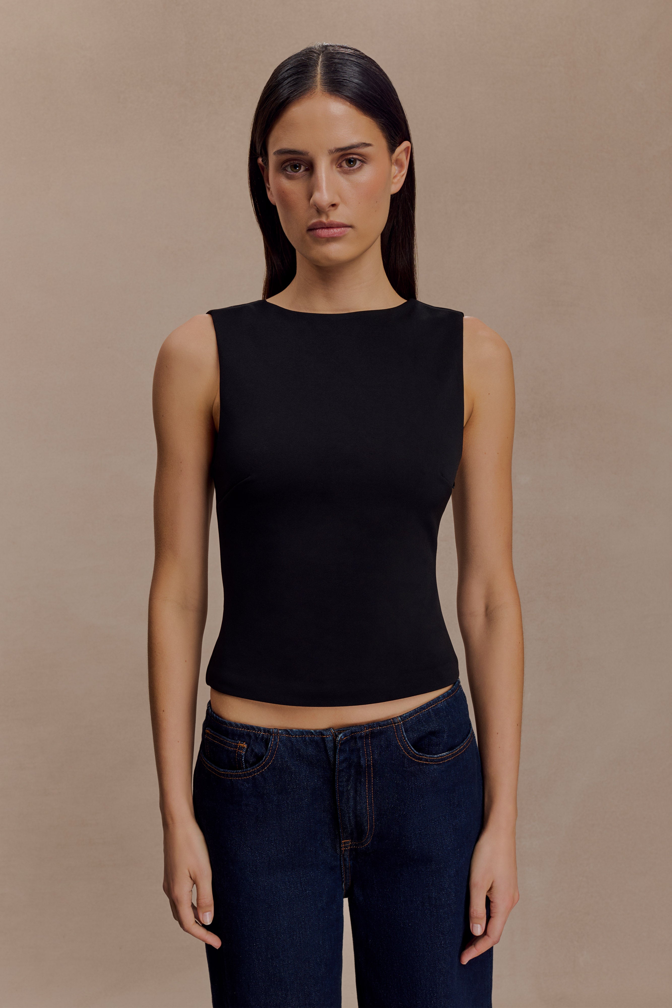Black Open Back Scuba Crepe Top