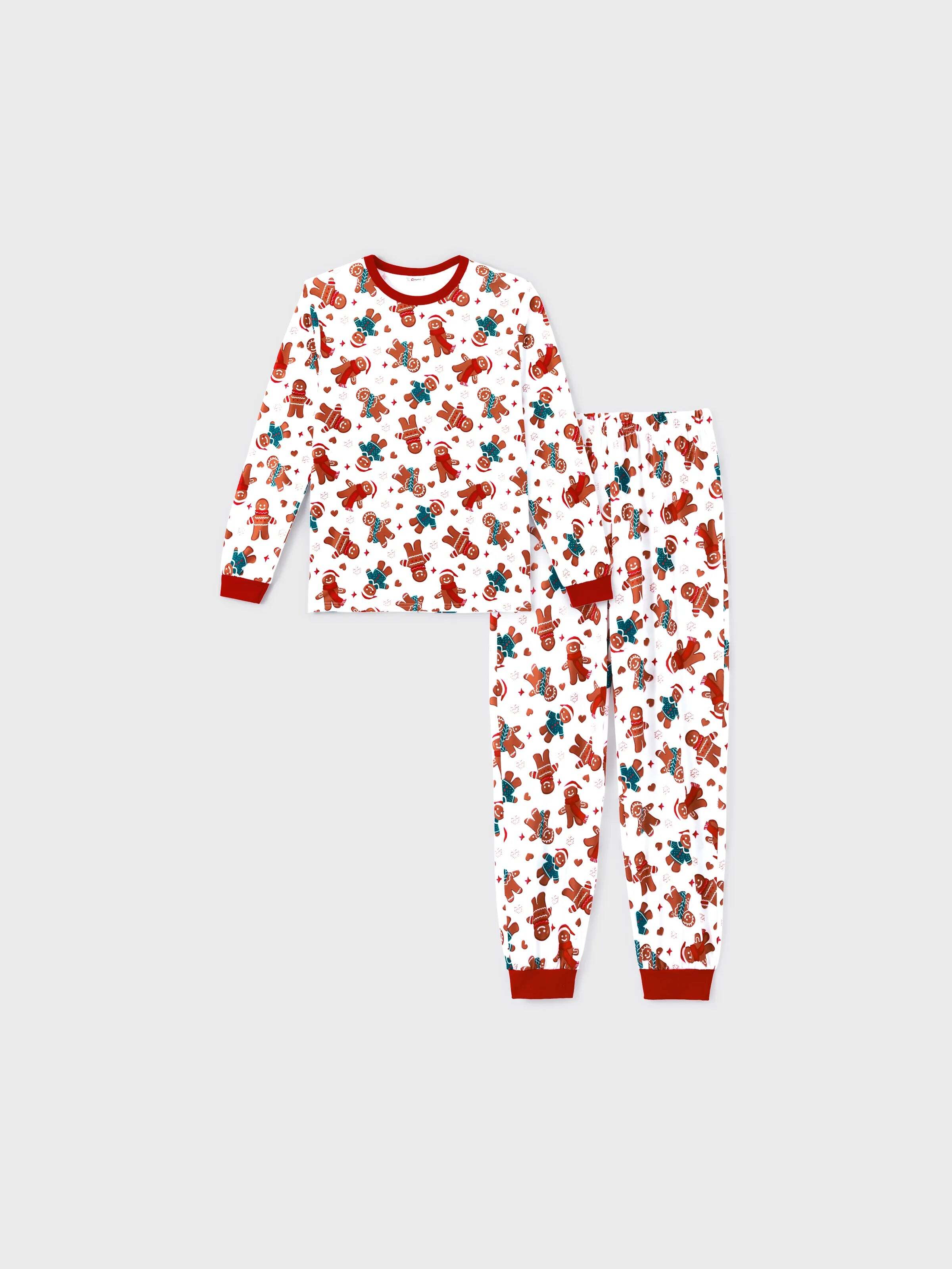 Christmas Family Matching Cartoon Gingerbread Man Allover Print Pajamas Sets with Christmas Socks White