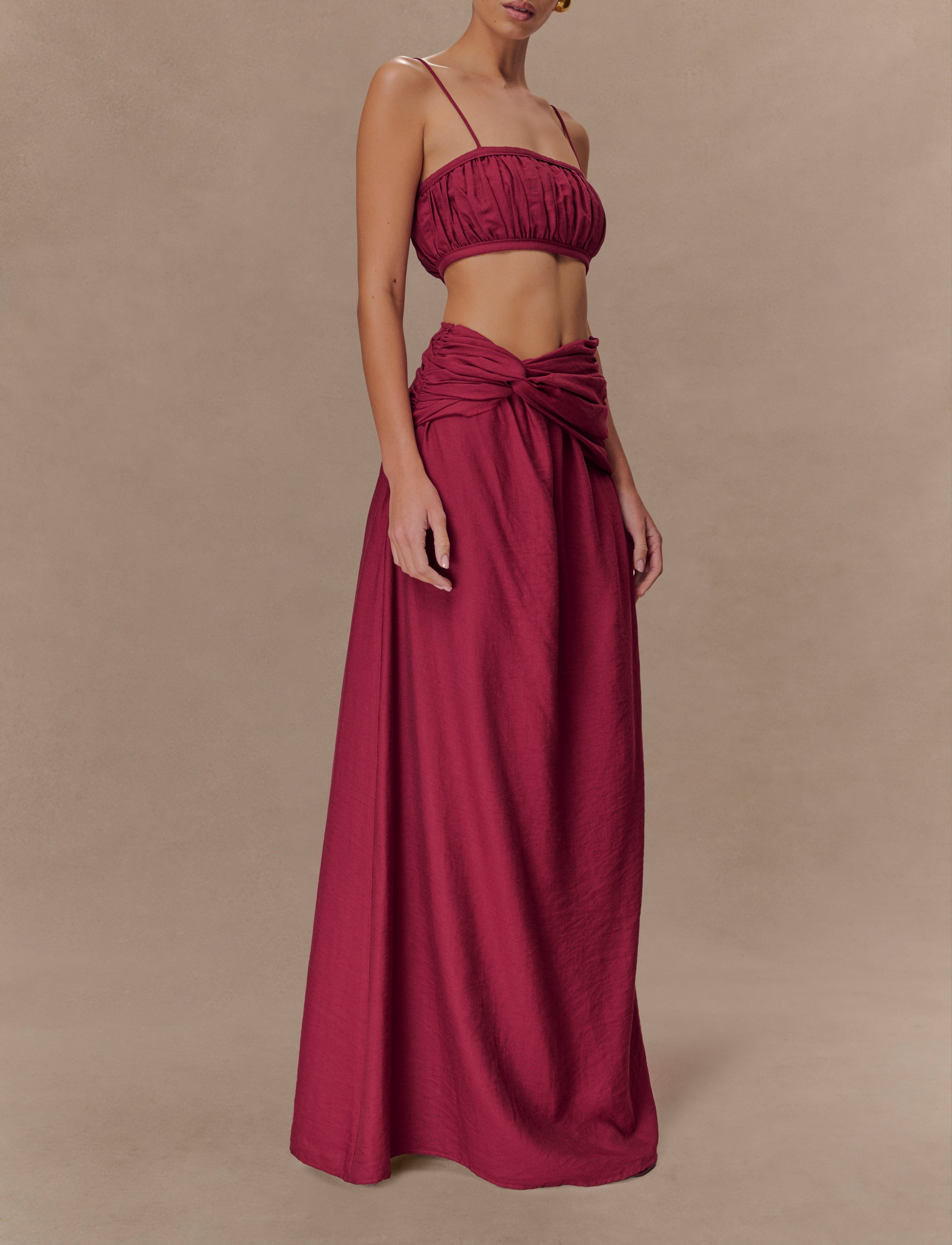 Wine Shirred Linen Bandeau