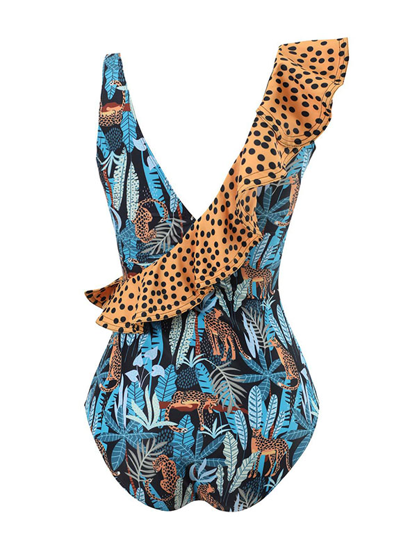 Floral Leopard Print One Piece Swimsuit