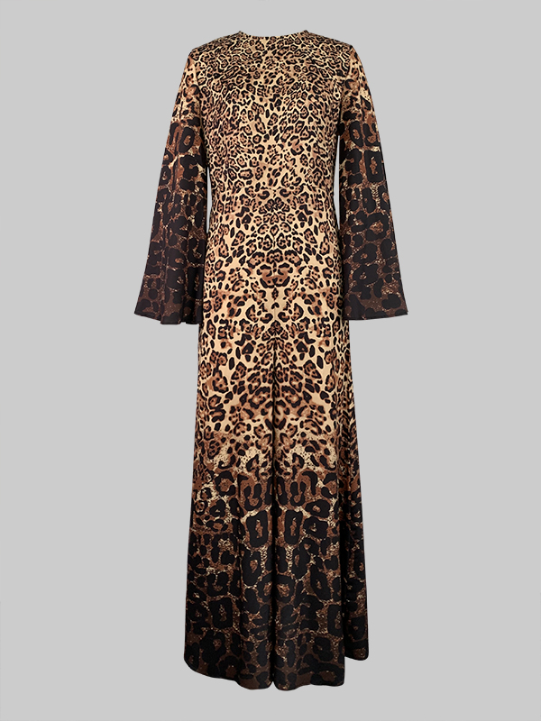 Flared Sleeves Long Sleeves Leopard Printed Round-Neck Jumpsuits