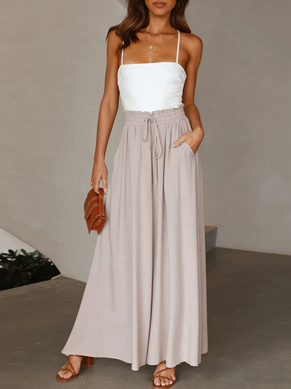 Drawstring Elasticity Pleated Pockets Solid Color High Waisted Loose Trousers Pants