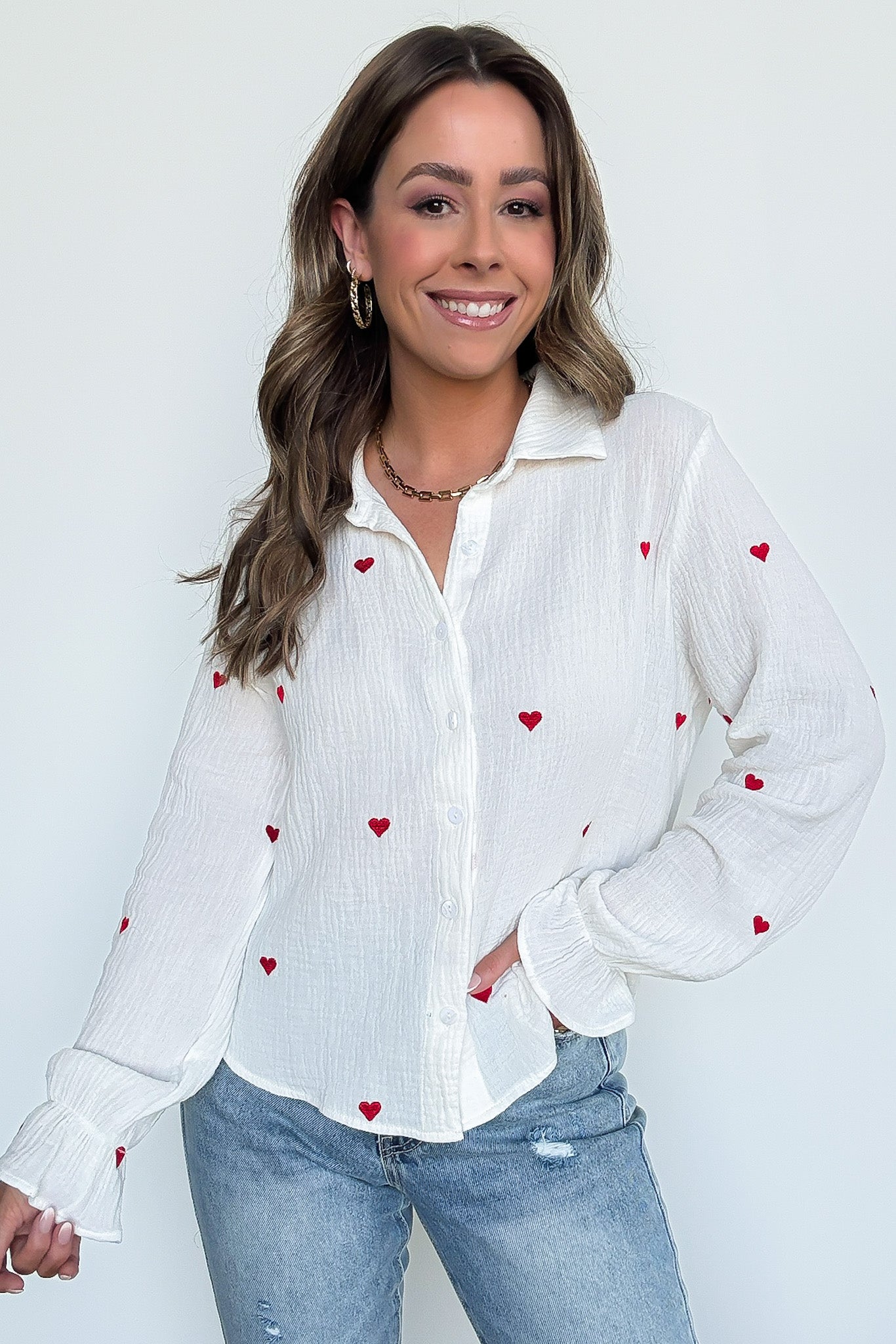 Heart Embroidered Button Down