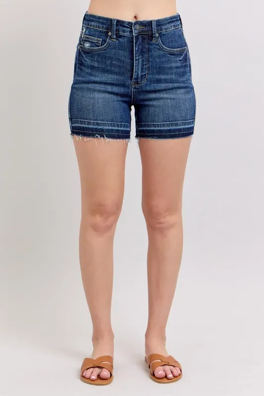 Blue High Waist Tummy Control Destroy Release Hem Denim Shorts