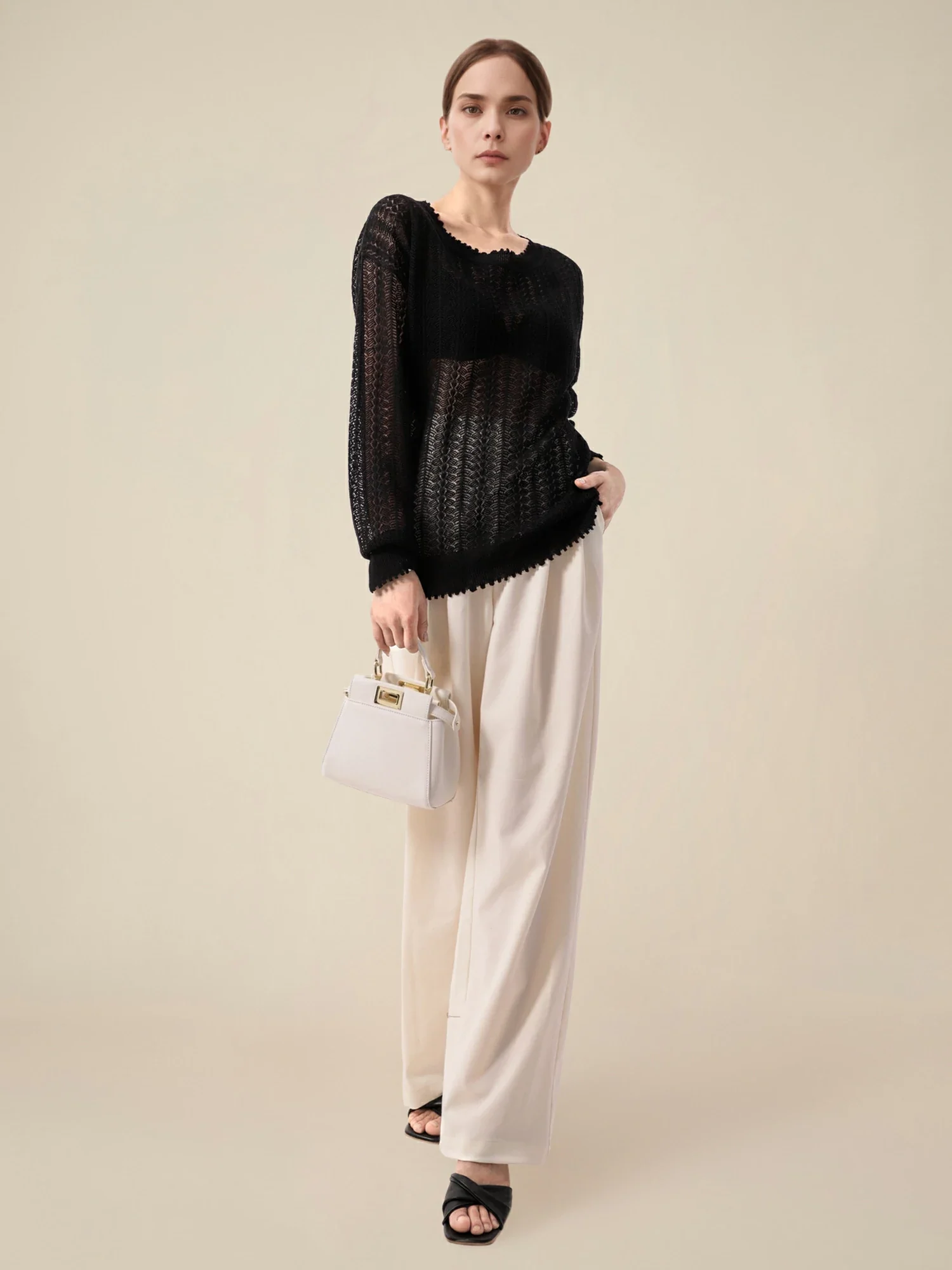 Linen & Lyocell Round Neck Hollow Top