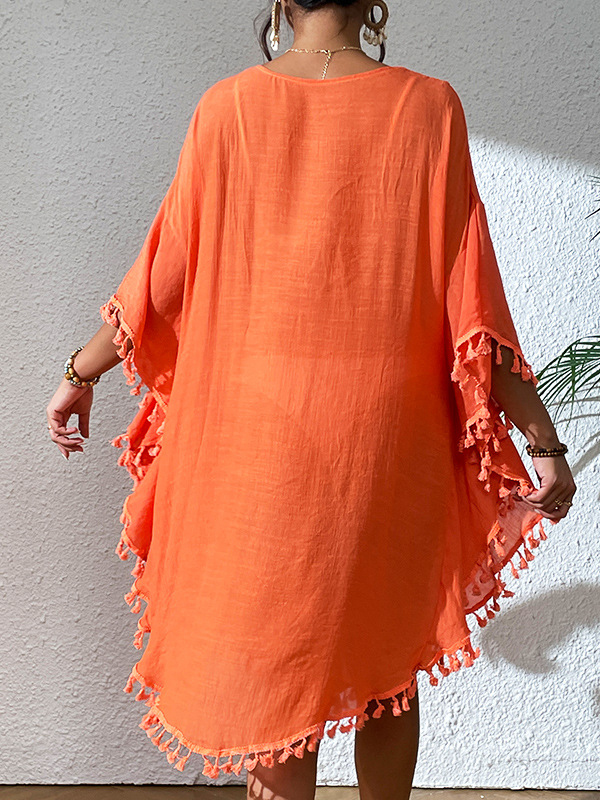 Hollow Solid Color Sun Protection Tasseled Batwing Sleeves Loose Round-Neck Midi Dresses Cover-Ups Tops
