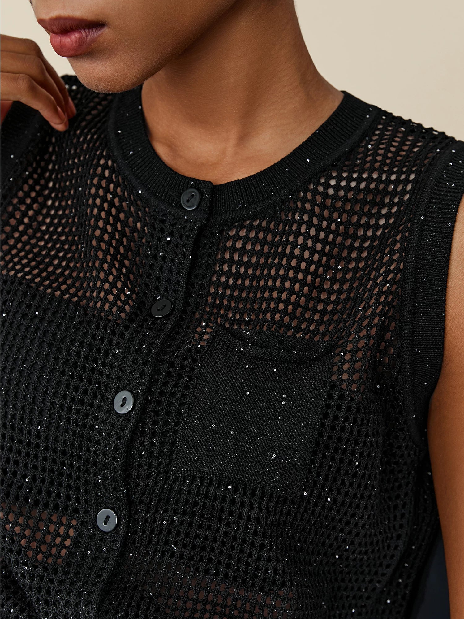 Lyocell & Linen Round Neck Hollow Sequin Vest