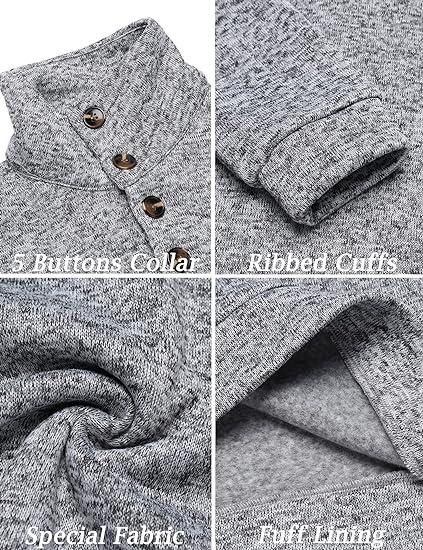 Men's Quarter Button Henley Sweater Casual Knitted Sweatshirt Mock Neck Thermal Fleece Pullover Sweater with Pocket