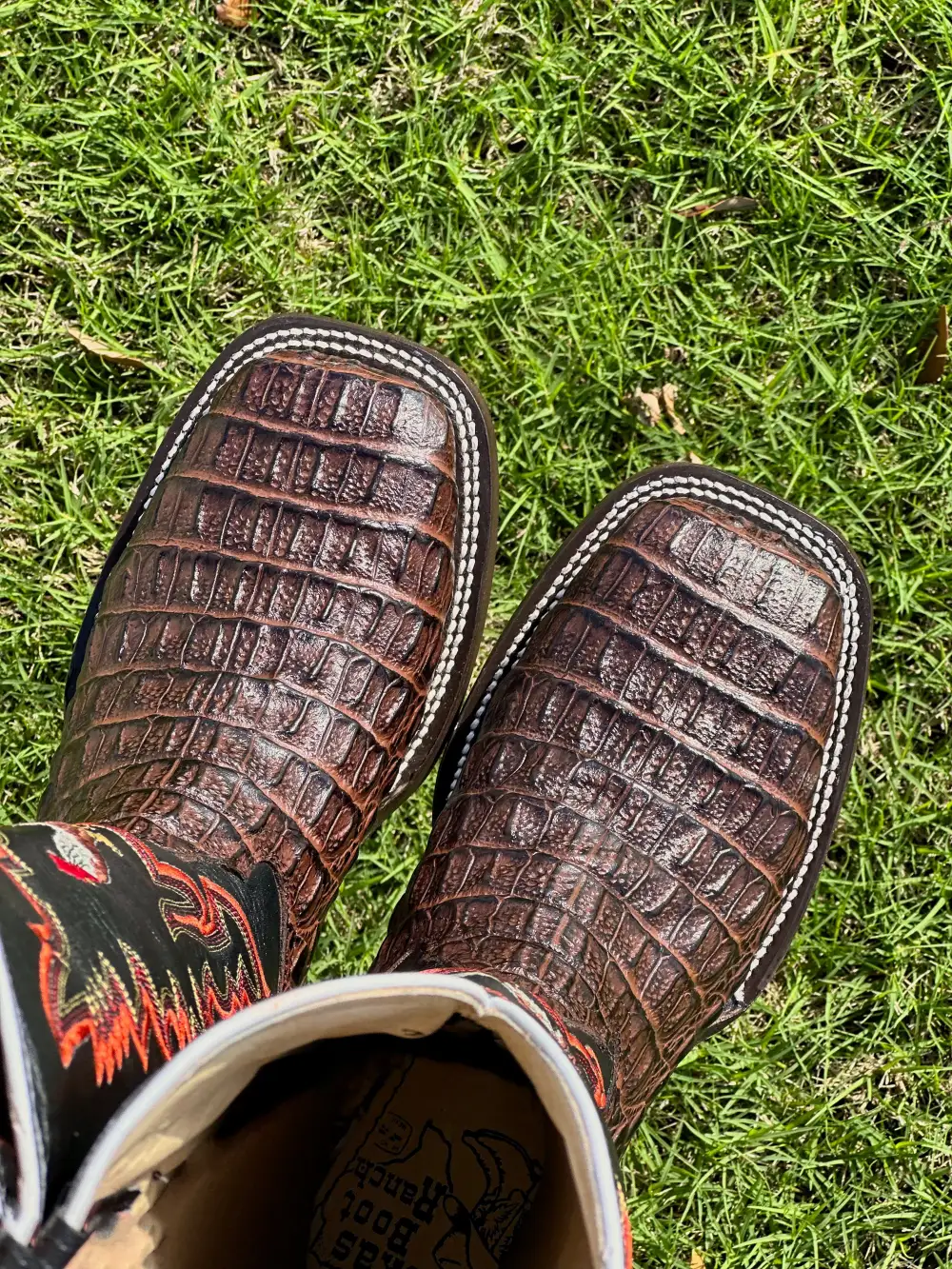 Mens Brown Crocodile Horn-Back Leather Boots With Black Shaft