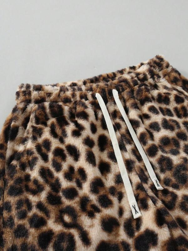 Unisex Leopard Print Fleece Pants, Soft Rabbit Fur Fabric, Fall Winter Warm Comfort, Street Hip Hop Style, Daily & Outdoor Wear
