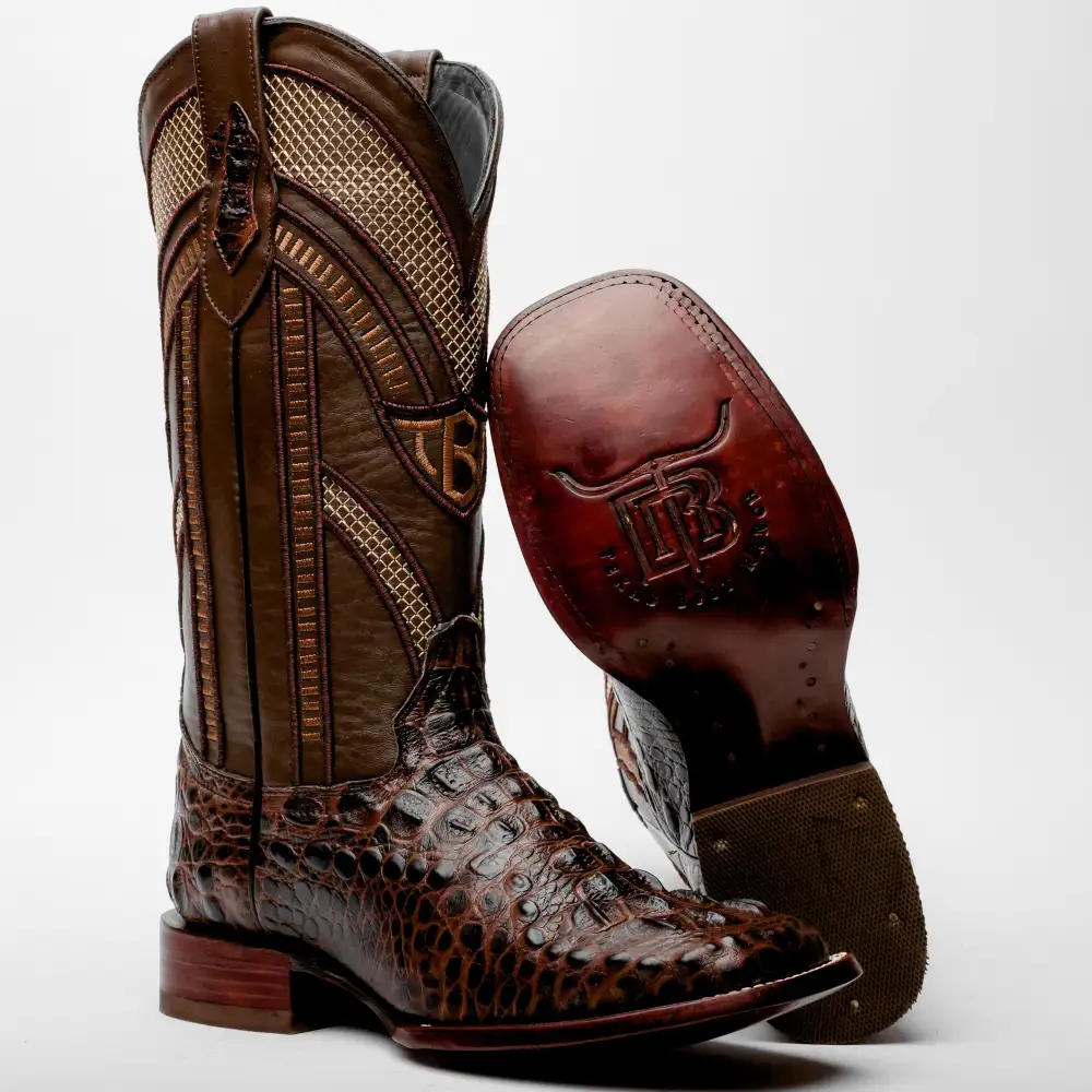 Brown Caiman Neck Leather Boots - Square Toe
