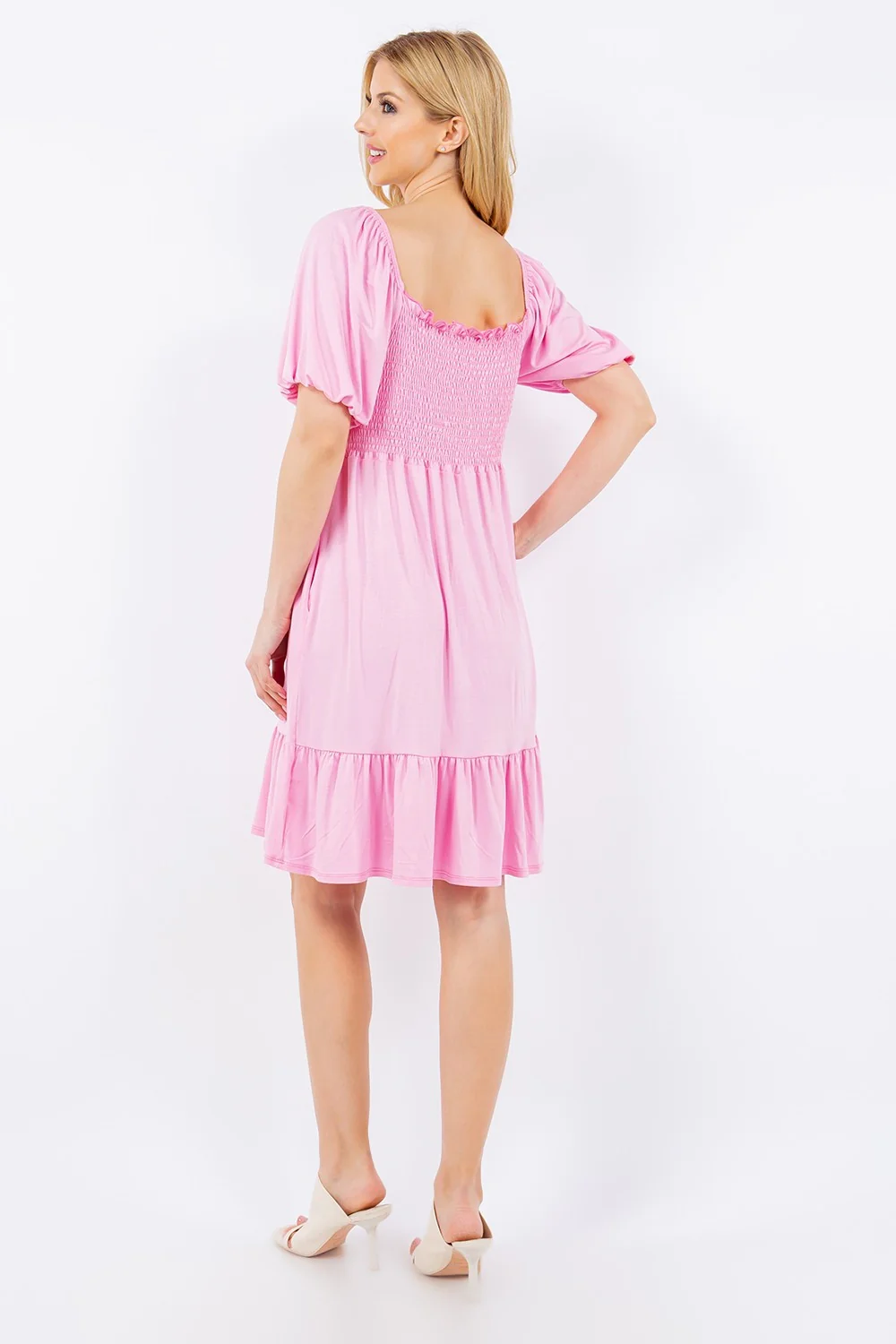 Celeste Full Size Smocked Square Neck Puff Sleeve Ruffle Hem Dress Plus Size