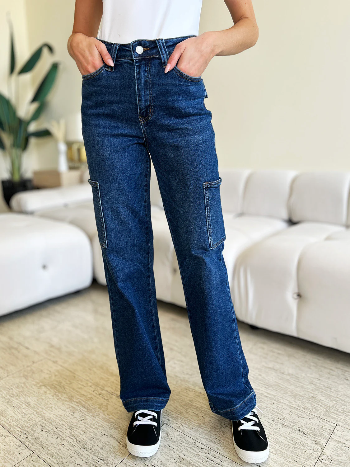 Blue Full Size High Waist Straight Cargo Jeans