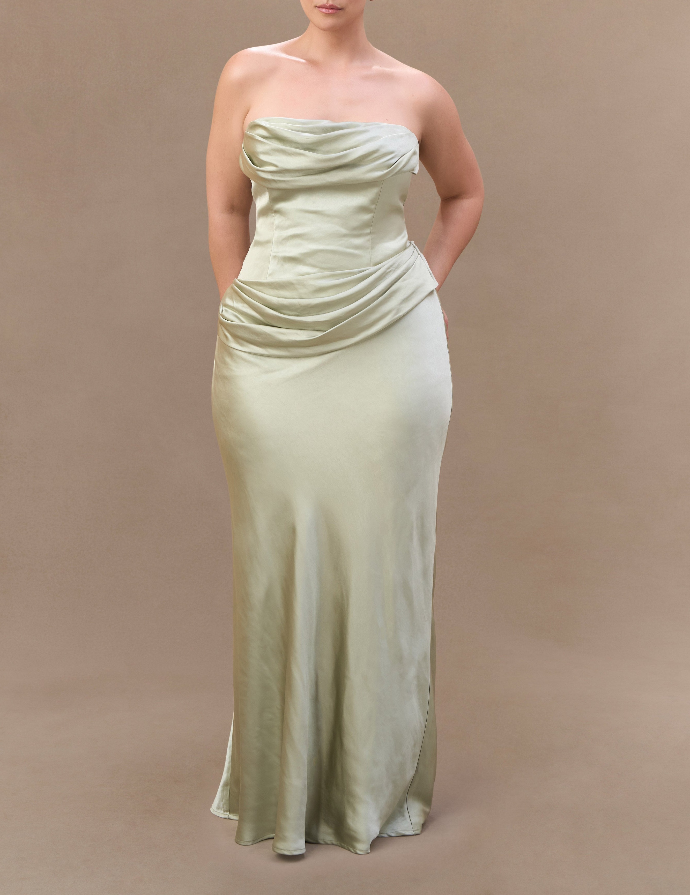 Sage Strapless Satin Maxi Dress