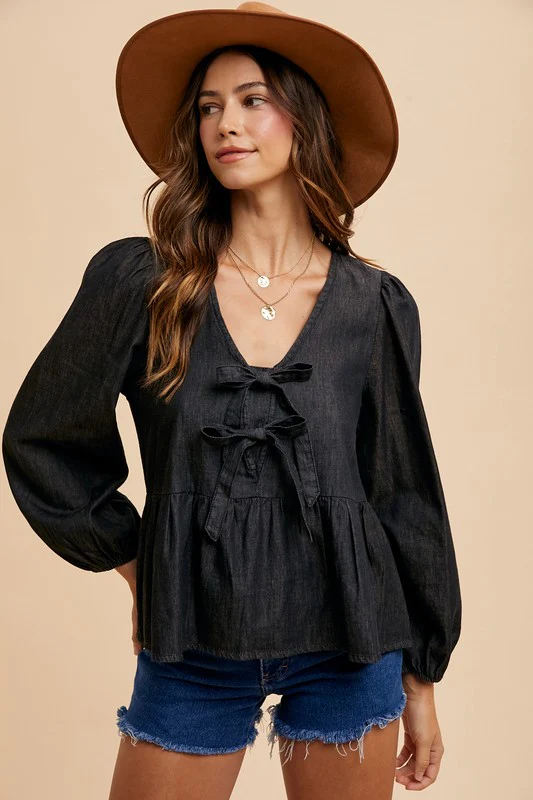 Wear Tie Front Peplum Long Sleeve Denim Top