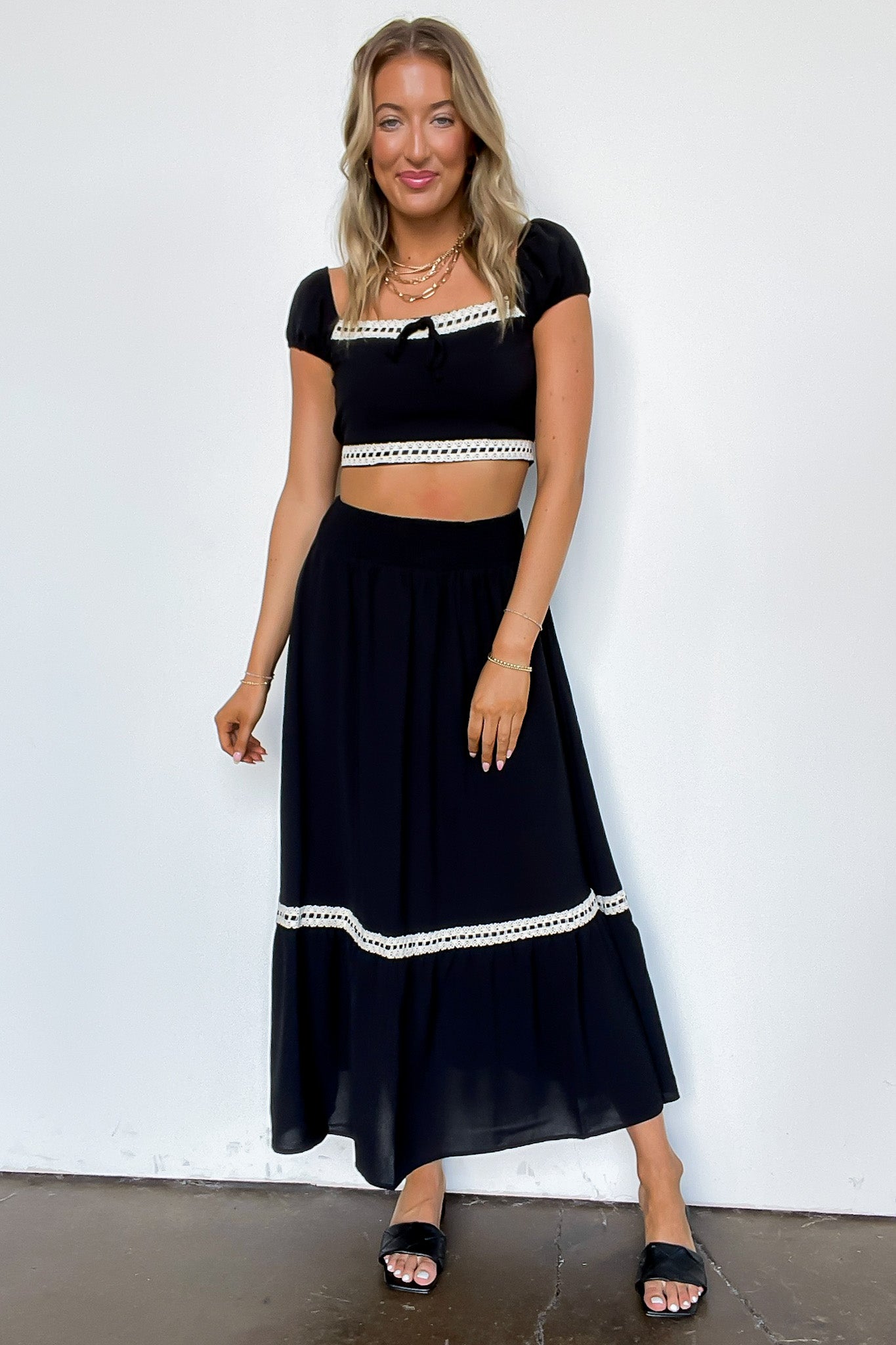 Midnight Lace Contrast Trim Smocked Waist Midi Skirt and Top Set