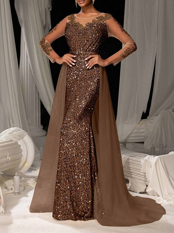 Sequinned Flower Lace Mesh Splicing Long Sleeves Mermaid Evening Maxi Dresses