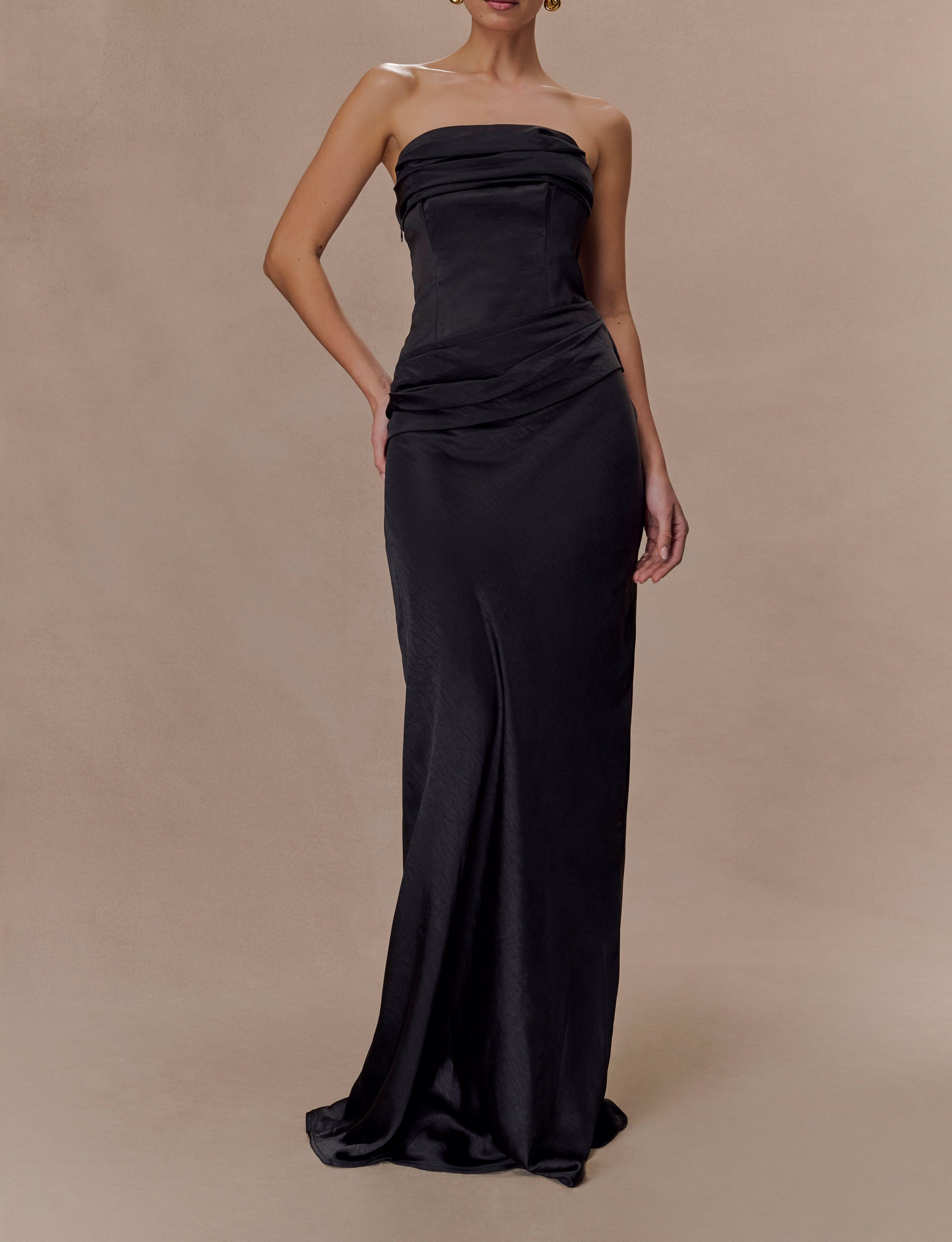 Black Strapless Satin Maxi Dress