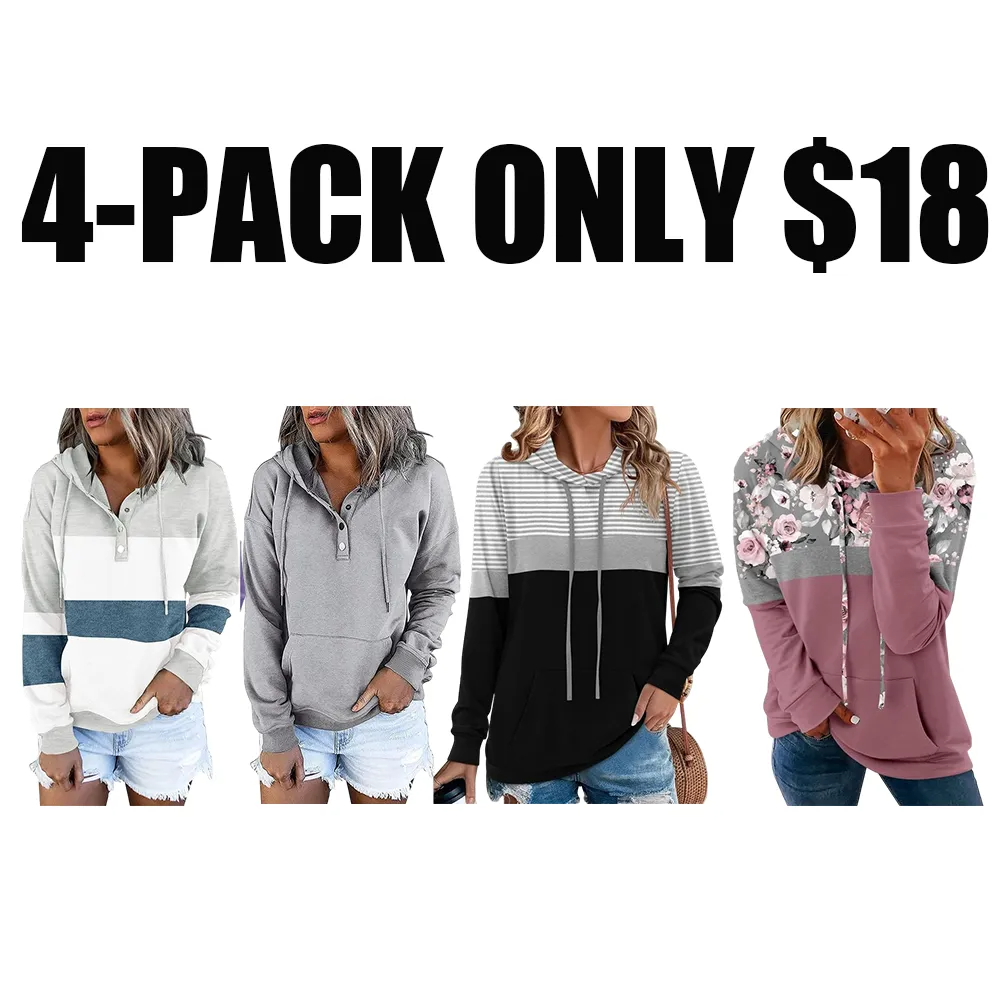 Womens Hooded Button Collar Drawstring Hoodies Pullover Sweatshirts