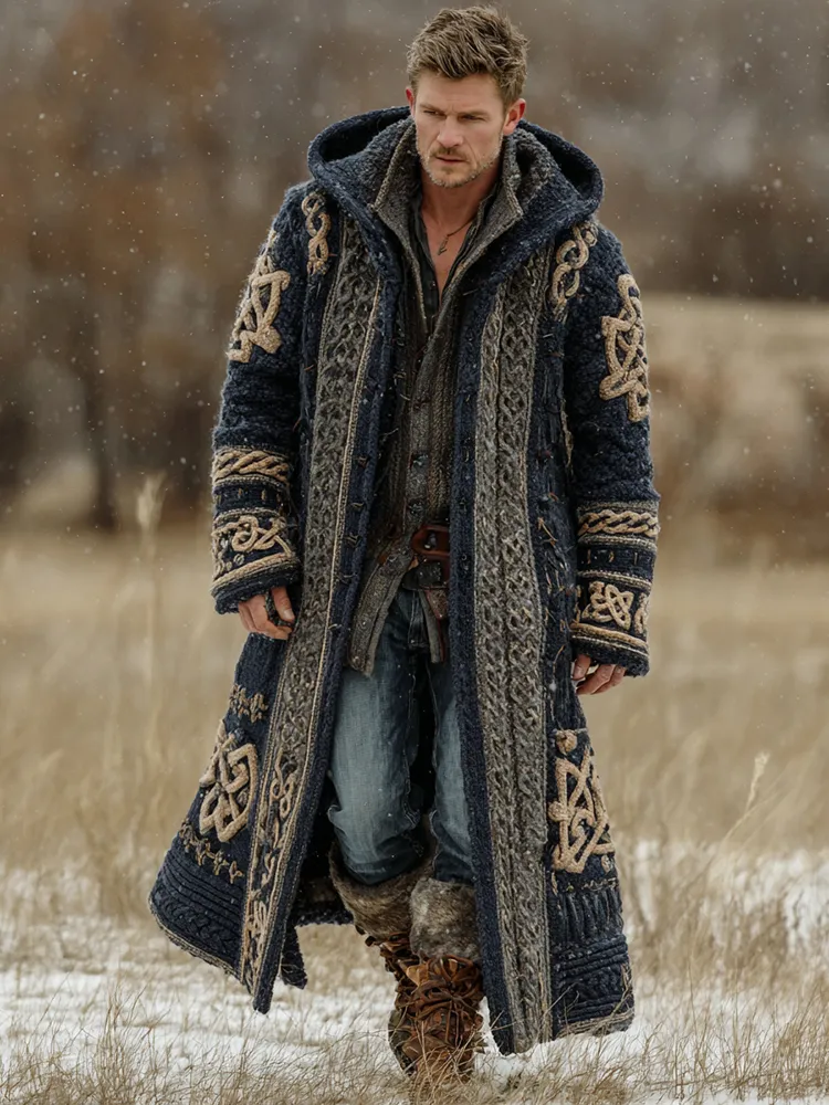 Men's Viking Celtic Knot Art Mid-length Chunky Knit Cardigan Sweater