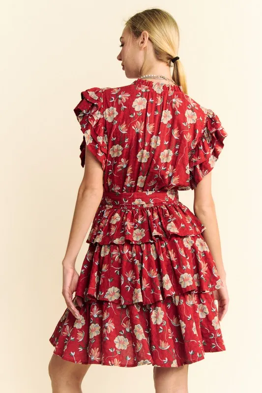 Ruffle Flutter Sleeve Tie Belt Tiered Mini Dress