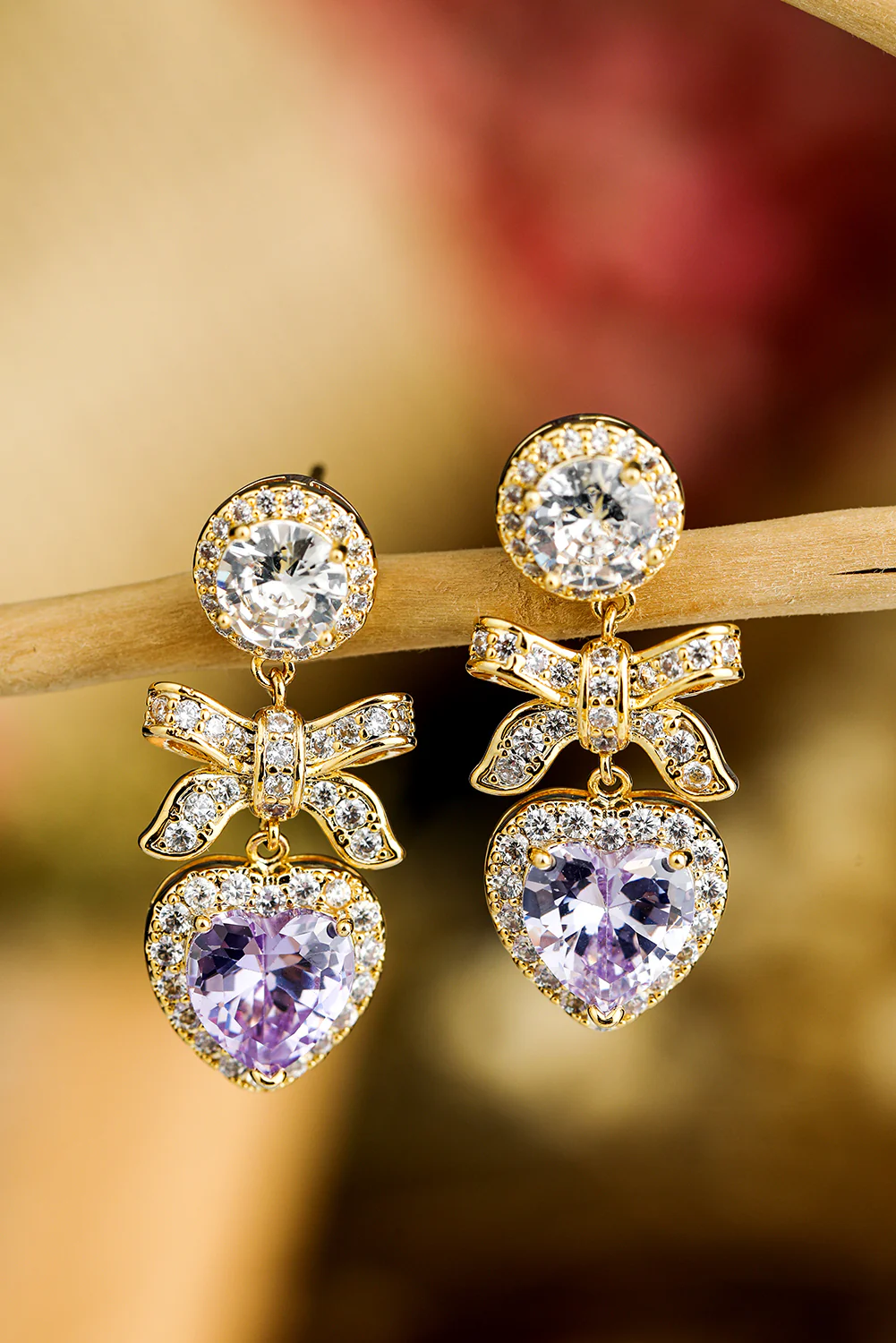 Gold Rhinestone Bow Heart Pendant Earrings