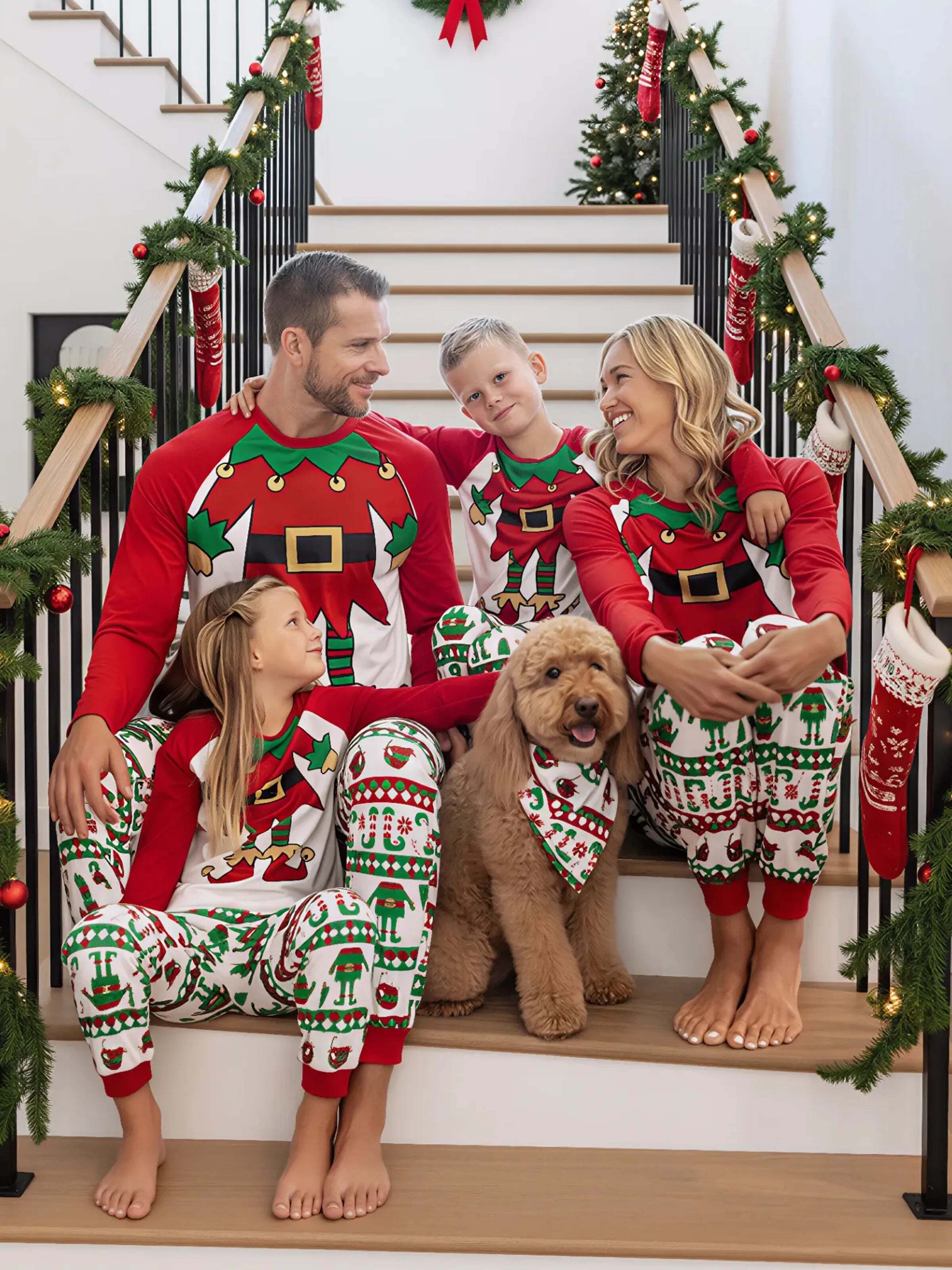 Christmas Matching Family Pajamas Set Christmas Elf Print PJS with Christmas Socks Red