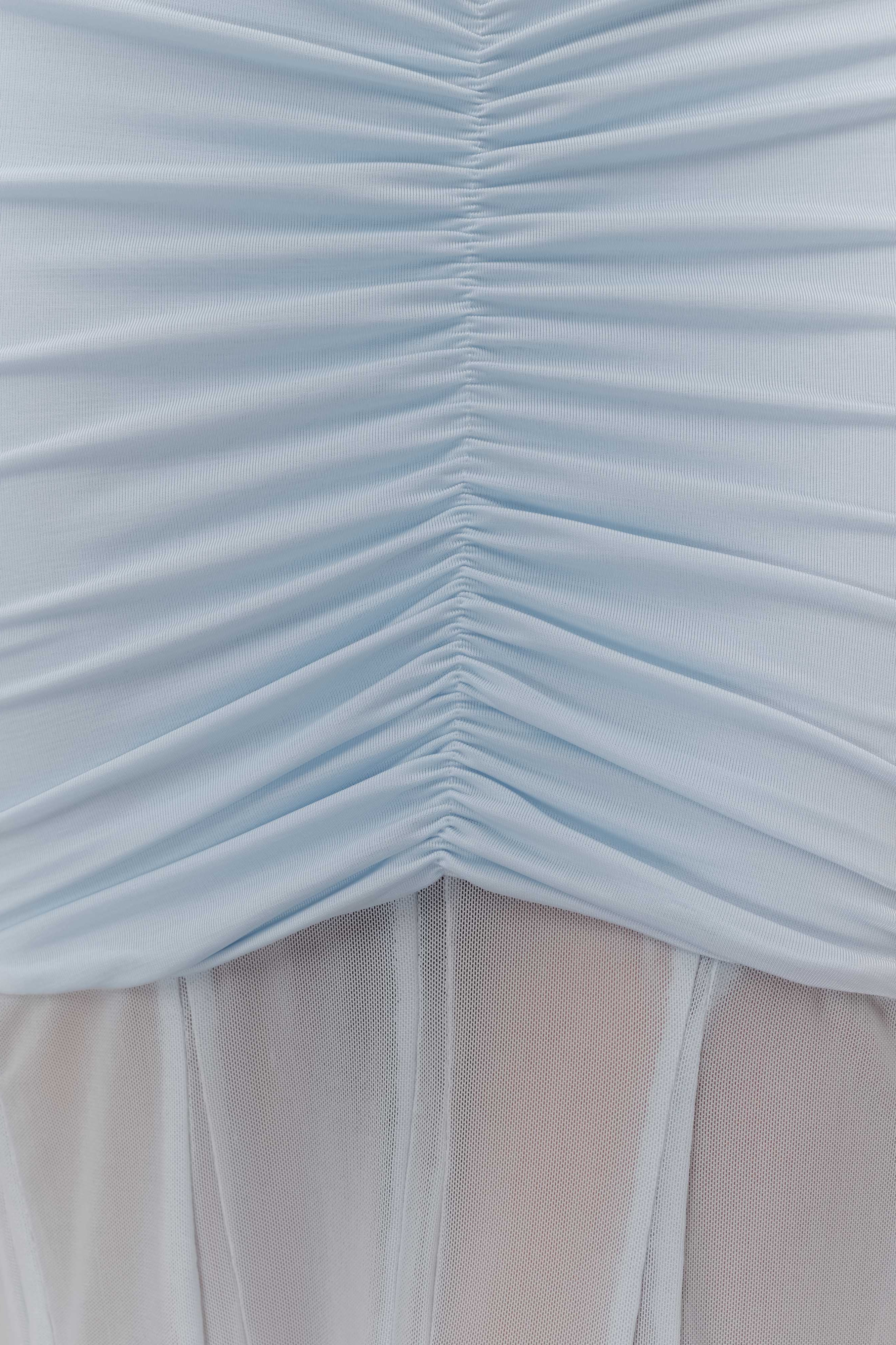 Blue Slinky And Mesh Off Shoulder Maxi Dress