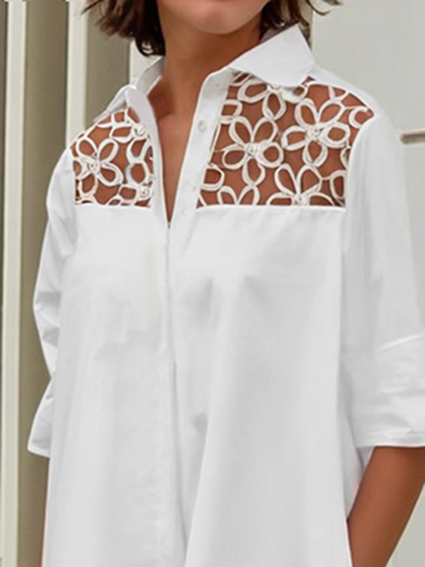 Long Sleeves Loose Gauze See-Through Solid Color Split-Joint Lapel Midi Dresses Shirt Dress