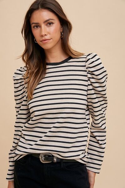 Wear Striped Round Neck Puff Sleeve French Terry Top