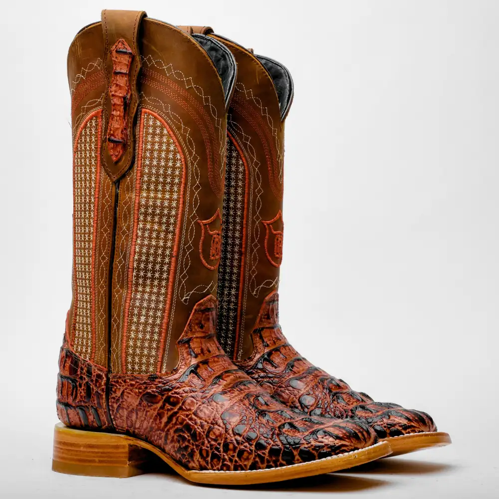 Cognac Caiman Neck Leather Boots - Square Toe